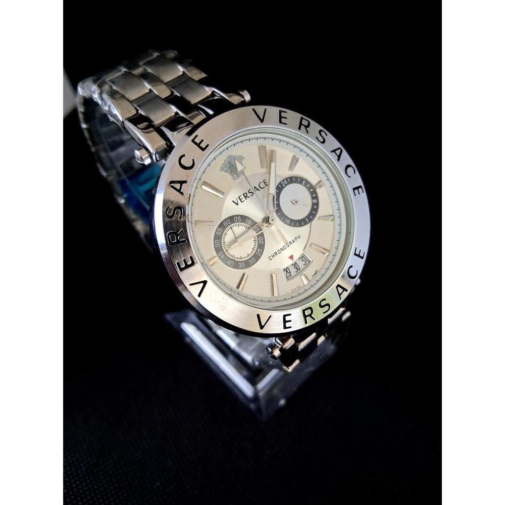 Silver and Cream Stainless Steel Chronograph Watch